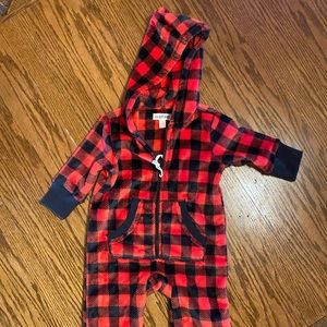 Buffalo plaid hooded fleece union suit size 2